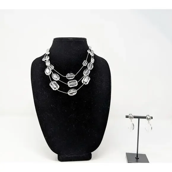 Robert Rose Necklace Earrings Set Clear Silver Tone Acrylic Multi Strand Clip On - Picture 1 of 13